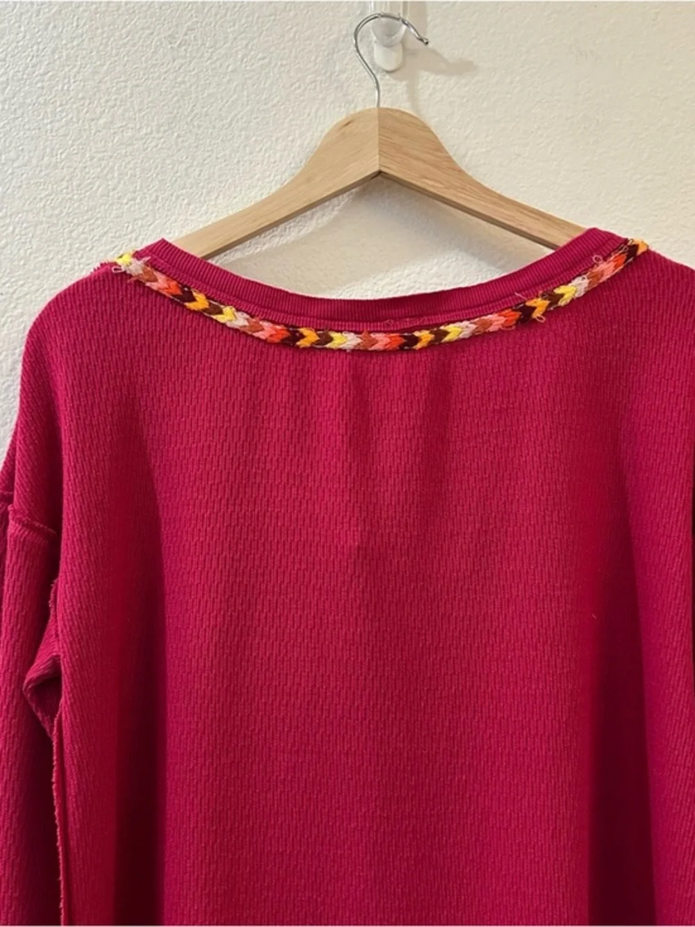 Free People Tribal Rainbow Henley Embroidered Thermal Long Sleeve Tee Size Large